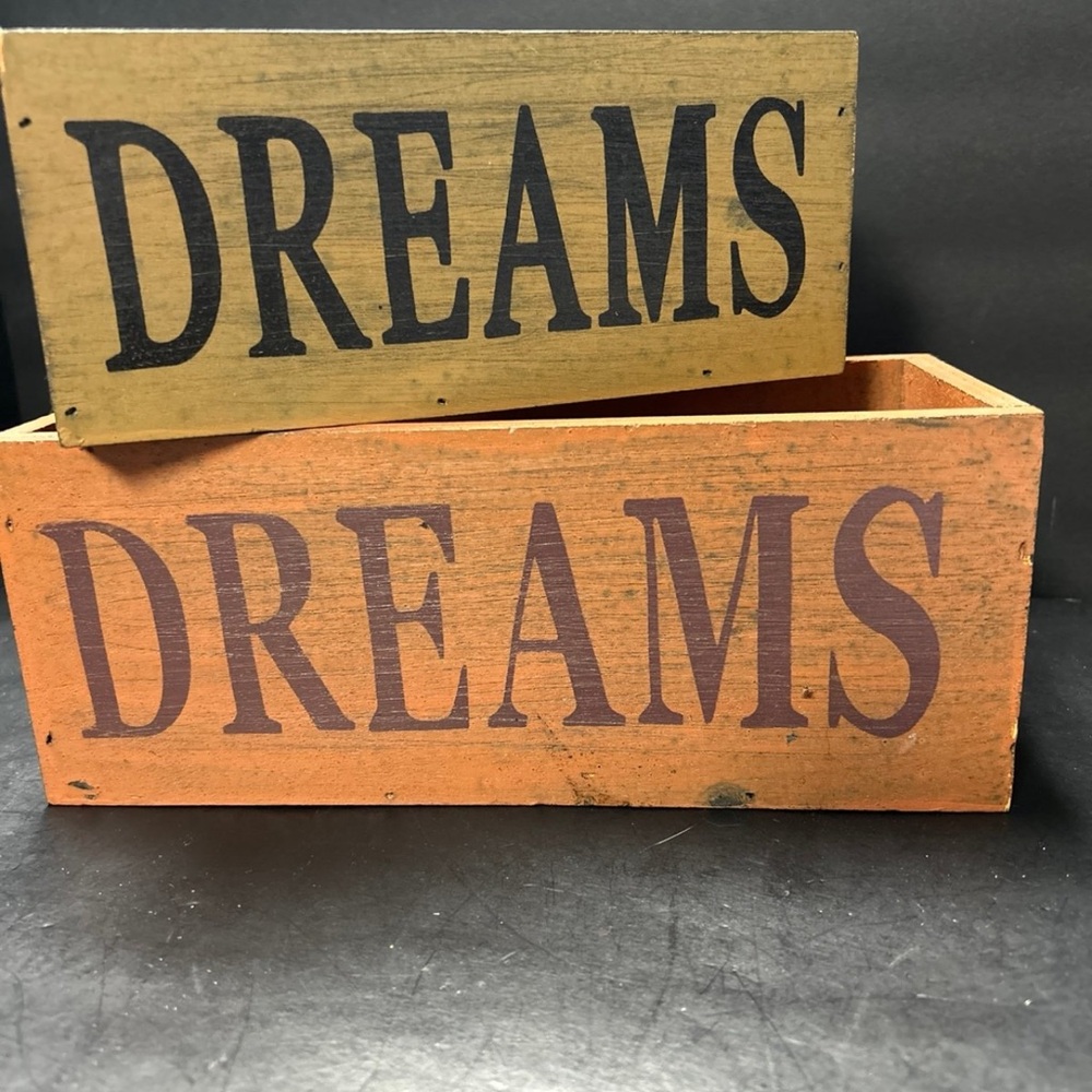 Rustic Wooden Boxes with "DREAMS" Print - Orange & Mustard
